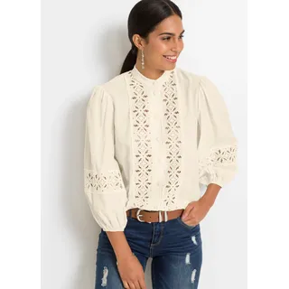 Spitzenbluse BONPRIX, Damen, Gr. 50, beige (wollweiß), Web, Obermaterial: 50% Lyocell, 50% Viskose. Spitze: 100% Baumwolle, unifarben, regular fit hüftbedeckend, Puffärmel mit Gummizug, Blusen Spitzenbluse, mit 3/4 Puffärmel, tolle Lochspitze, Stehkragen, Knopfleiste
