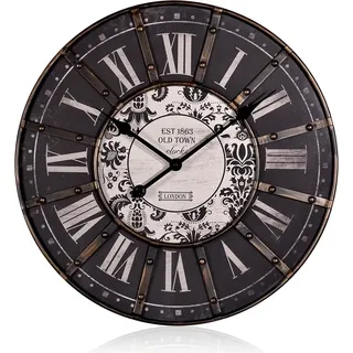 Melko Wanduhr Deko 33CM Holz Metall Wohnzimmer Vintage Shabby - London Schwarz - Schwarz