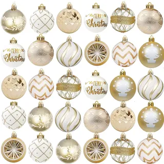 Weihnachtskugeln 30 Stücke Weiß und Gold 6CM Kunststoff Christbaumkugeln Weihnachtsdeko mit Aufhänger für Weihnachtsbaum Dekoration Winterurlaub Dekoration Weihnachten Hochzeit Party