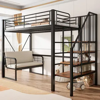 Merax Etagenbett Hochbett 90x200cm mit abnehmbarem Polstersofa, Kinderbett mit stabilem Metallrahmen, Stauraumtreppe, für Kinder&Erwachsene,Schwarz - Schwarz