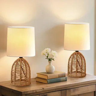 GyroVu Nachttischlampe 2er Set Rattan, Boho Tischlampe, E27 Fassung, Kleine Lampen für Räume Schlafzimmer Nachttisch Tischleuchte Wohnzimmer Lesepult Beistelltischlampe