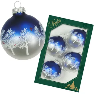 Krebs Glas Lauscha Weihnachtsdekoration/Christbaumschmuck aus Glas - Weihnachtskugeln - Motiv: Blau/Silber Winterwald - 4 Stück - Größe: ca. 7 cm
