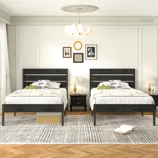 VECELO 2er-Set Bettgestelle 90x200 cm, Einzelbetten mit dickem Holzkopfteil und Metall Lattenrost, stabil und geräuschlos mit 31 cm Stauraum, Industrial Design für Schlafzimmer, Schwarz