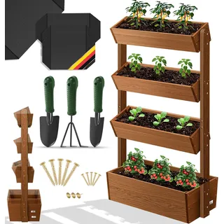KESSER® Hochbeet mit Etagen Premium Blumenkasten Blumentreppe Pflanztreppe - Gemüsebeet Kräuterbeet Pflanzkübel Frühbeet Blumenbeet Pflanzkasten inkl. Gartenvlies- Beet für Terrasse Balkon & Garten - Braun