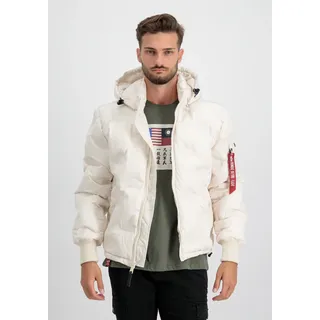Winterjacke ALPHA INDUSTRIES "Hooded Logo Puffer", Herren, Gr. XXL, weiß (jet stream weiß), Obermaterial: 100% Polyester; Futter: 100% Polyester; Füllung: 100% Polyester, Jacken Winterjacke