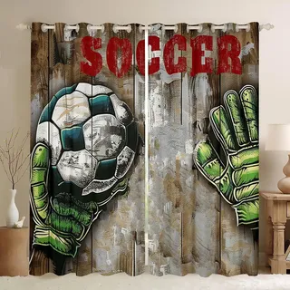 Loussiesd Kinder Fußball Vorhänge 245x140cm Sport Theme Vorhänge für Jungen Mädchen Erwachsene Aquarell Ball Vintage Holz Fenstervorhang Vorhänge Dekor Gardinen