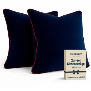 Blau Marité Kissenbezüge 45x45 cm – 2er Set aus weichem Samt – Dekokissen mit kontrastierendem Rand – Dunkelblau & Bordeaux – Ohne Füllung