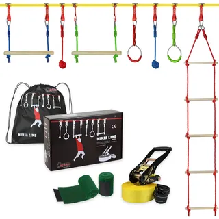 ALPIDEX Ninja Line Kinder Slackline Hindernisse Set Turnringe Seilknoten Schaukel Kletterleiter Zubehör Erweiterbar Warrior Parcours 7 Jahre Garantie auf Material*, Stil:Fun