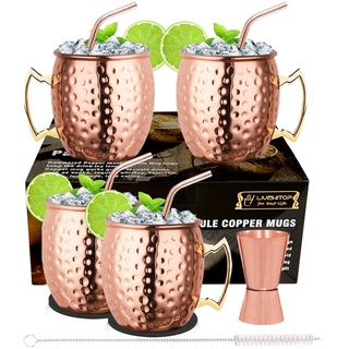 LIVEHITOP Moscow Mule Tassen, 4 Stück, 4 Stück, Kupferbecher mit 4 Unterkatastern, 4 Strohhalmen, Pinsel Jigger und Stroh, Tasse Geschenk Set für Haus, Bar, Party (4)