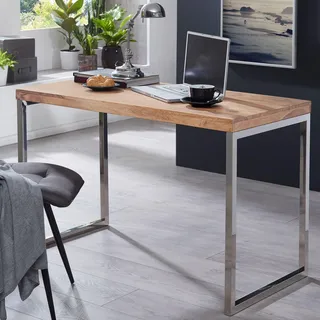 FineBuy Schreibtisch Akazie Massivholz Computertisch 120 x 60 cm Laptoptisch Landhaus Konsolentisch mit Metallbeinen Sheesham // Akazie - Beige