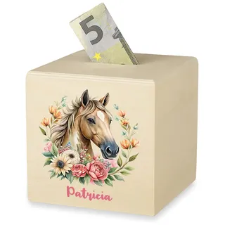 polar-effekt Holz Spardose für Mädchen mit Pferde UV-Druck - Personalisiertes Geldgeschenk mit Namen - für Münzen und Scheine geeignet - Sparschwein für Kids