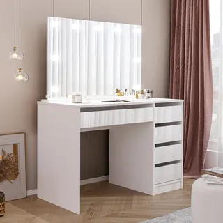 Idohome Schminktisch mit Spiegel, Schminkkommode modern, Frisiertisch mit Schubladen, Kosmetiktisch mit LED-Licht, Schmuckschrank Weiß Hochglanz BELLA - Weiß