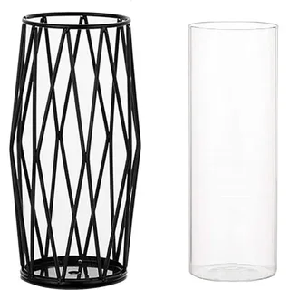 Zylindrische Glasvase mit Metallhalterung für Pampasgras & Blumen, Skandinavisch Inspirierte Vase Deko für Hochzeit Inneneinrichtung - 28 cm Hoch, Schwarz