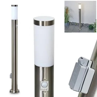 HOFSTEIN Wegeleuchte Sessa, Außenwegeleuchte mit Bewegungsmelder und Steckdose aus Metall/Kunststoff in Nickel-matt/Weiß, moderne Außenleuchte für Garten, Außenbereich, Hof, Terrasse, 110cm, E27, IP44