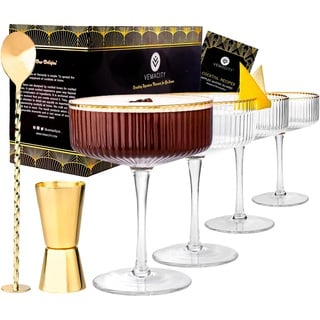 Luxus Geriffelte Martini Gläser Cocktailgläser Set von 4 mit Gold Rändern | Gold Cocktail Löffel, Ausgießer, Rezept e-Book | Champagner Gläser | Cocktails Glas| Coktailgläser- set | Cocktailglas