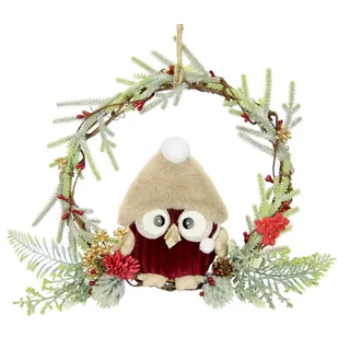 I.GE.A. Kunstkranz »Tannen-Kranz Eule/Beeren/Tanne« Dekorierter Weihnachtskranz Deko Weihnachtsdeko Türkranz Adventskranz, rot