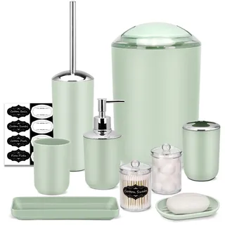 IMAVO Badezimmer-Zubehör-Set – 8-teiliges grünes Badezimmer-Zubehör-Set mit Mülleimer, Seifenspender, Seifenschale, Zahnbürstenhalter, Zahnputzbecher, WC-Bürstenhalter, Qtip Halter Spender mit