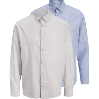 Langarmhemd JACK & JONES "JJESUMMER LINEN BLEND SHIRT L/S SN 2PKMP", Herren, Gr. L, N-Gr, crockery pack:with infinity stripes, Web, Obermaterial: 80% Baumwolle, 20% Leinen, unifarben, Hemden Langarmhemd