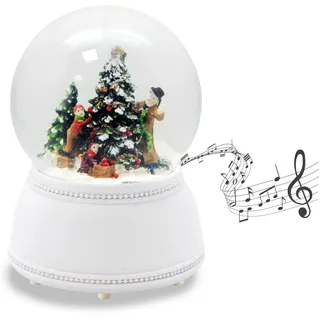 Schneekugel Weihnachten Christbaum schmücken | Sockel weiß nostalgisch | mit Spieluhr | Schüttelkugel Weihnachtsdekoration | B: 10 cm H: 13 cm | 20271