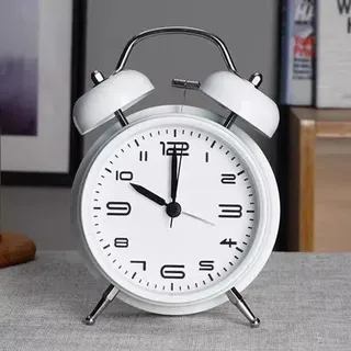Retro-Wecker mit doppeltem Klingelton und Nachttischlampe, 10 cm Klingelton, kein Tickgeräusch, Quarzuhr, weiß. - Weiß