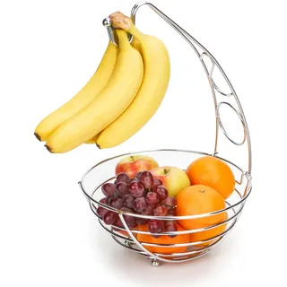 Exzact Obstkorb mit Bananenhaken. 41 cm hoch, Obstregal aus Draht, Bananenständer-Aufhänger – Silbernes Chrom