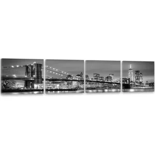 Feeby Leinwandbild Bilder Wand Bild 4 Teile Panoramabild Wandbilder Kunstdruck 40x160 cm BROOKLYN BRIDGE NEW YORK STADT WASSER GEBÄUDE WOLKENKRATZER ARCHITEKTUR ANSICHT SCHWARZWEISS