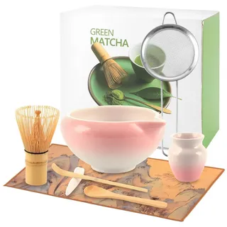 Matcha Set 8-teilig Keramikschale mit Ausgießer Bambusbesen Löffel Sieb Rosa