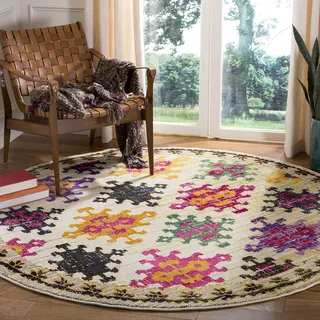 SAFAVIEH Boho Teppich für Wohnzimmer, Esszimmer, Schlafzimmer - Monaco Collection, Kurzer Flor, Elfenbein und Multi, 200 x 200 cm