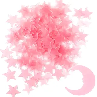 Leuchtsterne Rosa, 100 Sterne & 1 Mond Leuchtende Sterne für die Decke, Plastische Pinke Fluoreszierende 3D Leuchtende Wandaufkleber mit Klebepads, für Jungen- und Mädchenzimmer Dekoration