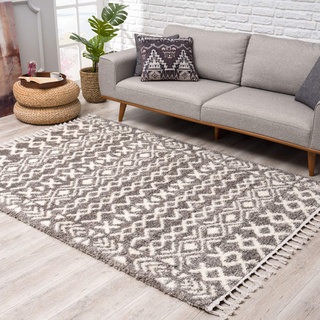 Teppich Hochflor Wohnzimmer - Ethno Boho Stil 100x300 cm Grau Creme - Teppiche mit Fransen