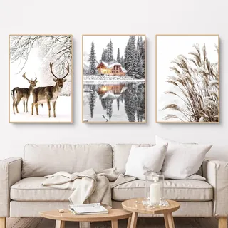 Herfair Poster Winter Bilder Wohnzimmer 3er Set Winterlandschaft Wandbilder | Kunstdrucke Leinwand Bilder Ohne Rahmen Wanddeko Poster Set (50 x 70 cm)