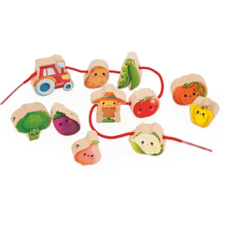 Janod - Fädelperlen - Thema Gemüsegarten - Baby- und Kleinkindspielzeug - 11 Holzperlen für Kinder + 2 Schnüre - Fördert die Handgeschicklichkeit - Spielzeug aus FSC-Holz - Ab 24 Monaten, J03313