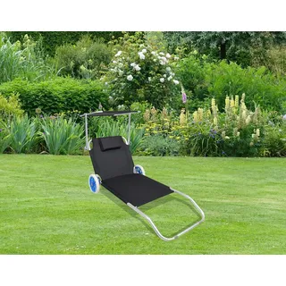 Gardenson Gartenliege , Schwarz , Metall, Textil , 165x16x65 cm , verstellbares Dach, klappbar, Rückenlehne verstellbar , Gartenmöbel, Gartenliegen, Sonnenliegen