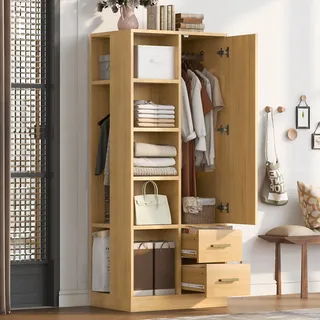 Merax Kleiderschrank mit 1 Tür und 2 Kleiderstangen, Kinderschrank mit Einlegeböden und 2 Schubladen, kompakter Schlafzimmerschrank, Garderobe, Natur - Naturbelassen