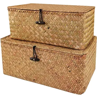 Aufbewahrungsbox Seagras Aufbewahrungskiste Dekobox Kosmetik Aufbewahrung mit Deckel Aufbewahrungskörbe aus Natürliche Praktische 2 Stück (L+ XXL)