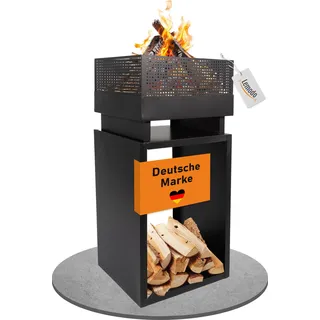Feuerkorb mit Holzlager, Feuerschale Stahl, Feuerstelle 85,5cm hoch