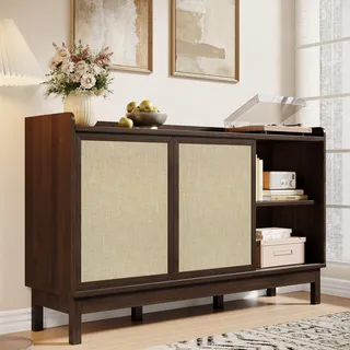 Merax Sideboard mit Schiebetüren und Doppelschubladen, Kommode Aufbewahrungsmöbel, Retro-Design in Farbblockoptik, für Ess- und Wohnzimmer, Naturfarbe - Naturbelassen
