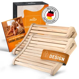 ALPENHAUCH Sauna Kopfstütze Holz [2 Stück] - Ergonomische Saunakopfstütze Holz - Edles Sauna Zubehör Infrarotkabine - Komfortable & breite Kopfstütze Sauna Holz für Sauna inkl. Sauna Büchlein