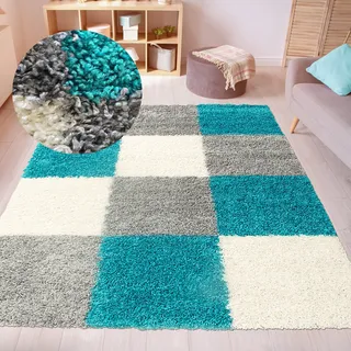 CARPETIA Shaggy Hochflor Teppich Karomuster Türkis Grau Creme 140x200 cm | Weich, pflegeleicht, strapazierfähig und allergikergeeignet, OEKO-TEX geprüft, schadstofffrei, für Fußbodenheizung