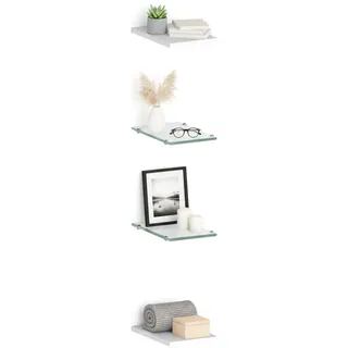 Dmora Set mit 4 Wandregalen, Made in Italy, 2 Regale aus gehärtetem Glas und zwei aus glänzend weißem Laminat, cm 20x27h1,6, Farbe weiß glänzend