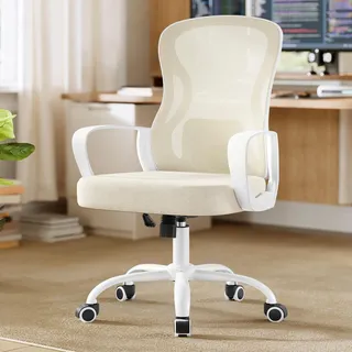 SONGMICS Bürostuhl ergonomisch, Drehstuhl mit Netzgewebe, Schreibtischstuhl mit Lendenstütze, Wippfunktion, Armlehnen, für Arbeitszimmer, Schlafzimmer, cappuccinobeige-wolkenweiß OBN043LH02
