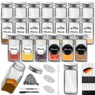 Miorkly Gewürzgläser Eckig 24er Set, 120ml Gewürzdosen Glas Gewürzstreuer mit Schraubkappe, Gewürzbehälter Gewürze Aufbewahrung mit Streueinsatz, Etiketten, Trichter, Bürste