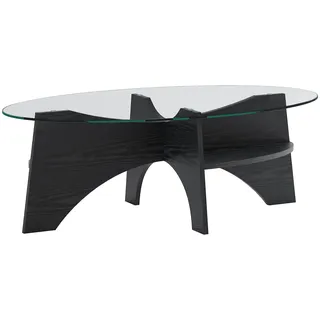 FurnitureR Couchtisch 104,9 x 60 x 35,6 cm, Schwarz, ovaler Glastisch mit MDF-Gestell, 2 offenen Ablagen und Saugnapfbefestigung, aus MDF und Glas, für Wohnzimmer, Sofa, Lounge und Apartment