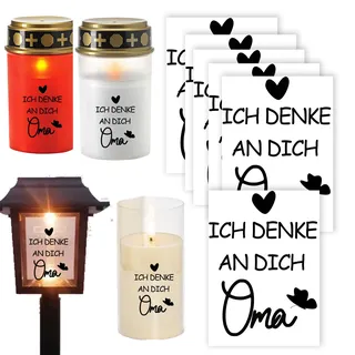 Grabkerzen-Aufkleber Set 'Ich denke an dich Oma', 6 Stück, Grabschmuck für Friedhofskerzen, Grablicht Dekoration Friedhofskerze, Grabdeko Muttertag, tod, Trauer