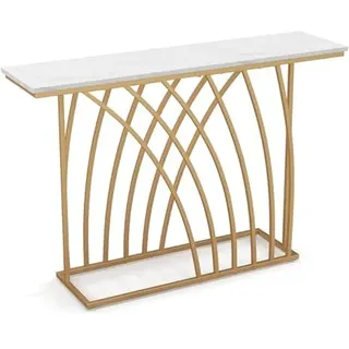 FANTASK Flurtisch schmal, Konsolentisch Marmor Optik, Beistelltisch mit geometrischem Metallrahmen, Sofatisch, Weiß und Gold