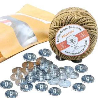 MILIVIXAY Kerzendocht aus 100% Bio-Hanf mit natürlicher Bienenwachs-Beschichtung, 60 m Spule, Dicke (2 mm) + Dochtträger (200 Stück).