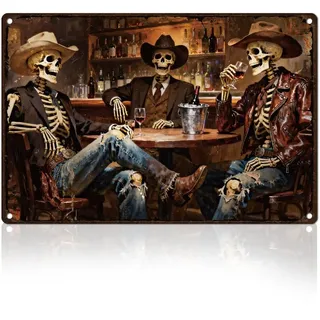 DOODLREAM Skeleton Cowboy Drinking Blechschild Wanddeko Schild Western 20 x 30cm Vintage Metallschilder für Schlafzimmer Man Cave Game Room Club Bar Deko Geschenk