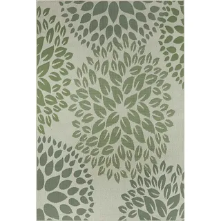 VIMODA In- und Outdoor Flachgewebe Terrassen & Balkon Garten Küche, Teppich Blumen Design Grün Waschbar,Maße:200x280 cm