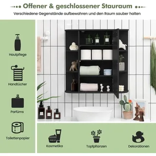 Spiegelschrank Bad 4 Fächer & 6 offene Ablagen Badezimmerschrank mit Spiegel 66 x 17 x 63 cm Schwarz - Schwarz