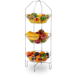 Relaxdays 10030054, silber Obst Etagere 3-stöckig, XXL Obstkorb, stehend, Küche, Aufbewahrung Gemüse, Metall, HBT 80 x 33 x 32 cm, Stahl